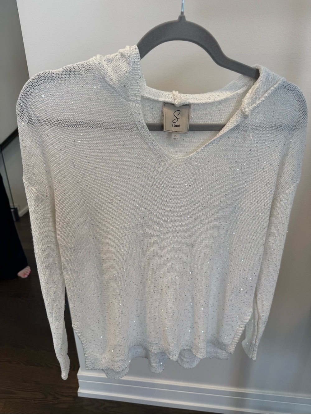 Sioni Cream Sequin V-Neck Hooded Sweater